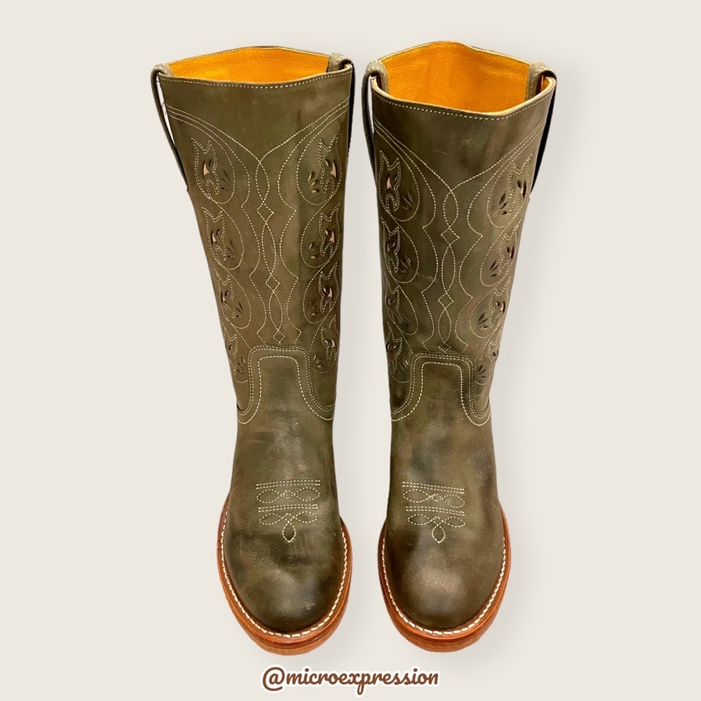 VINTAGE 1980 Frye Austin Sage Green Real Leather Floral Embroidered Cowboy Boot - Picture 4 of 14